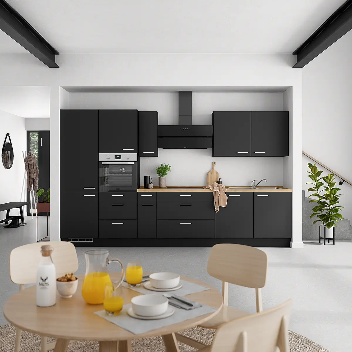 Kochfeldschrank Touch mit Schubladen 90cm Schwarz/Schwarz