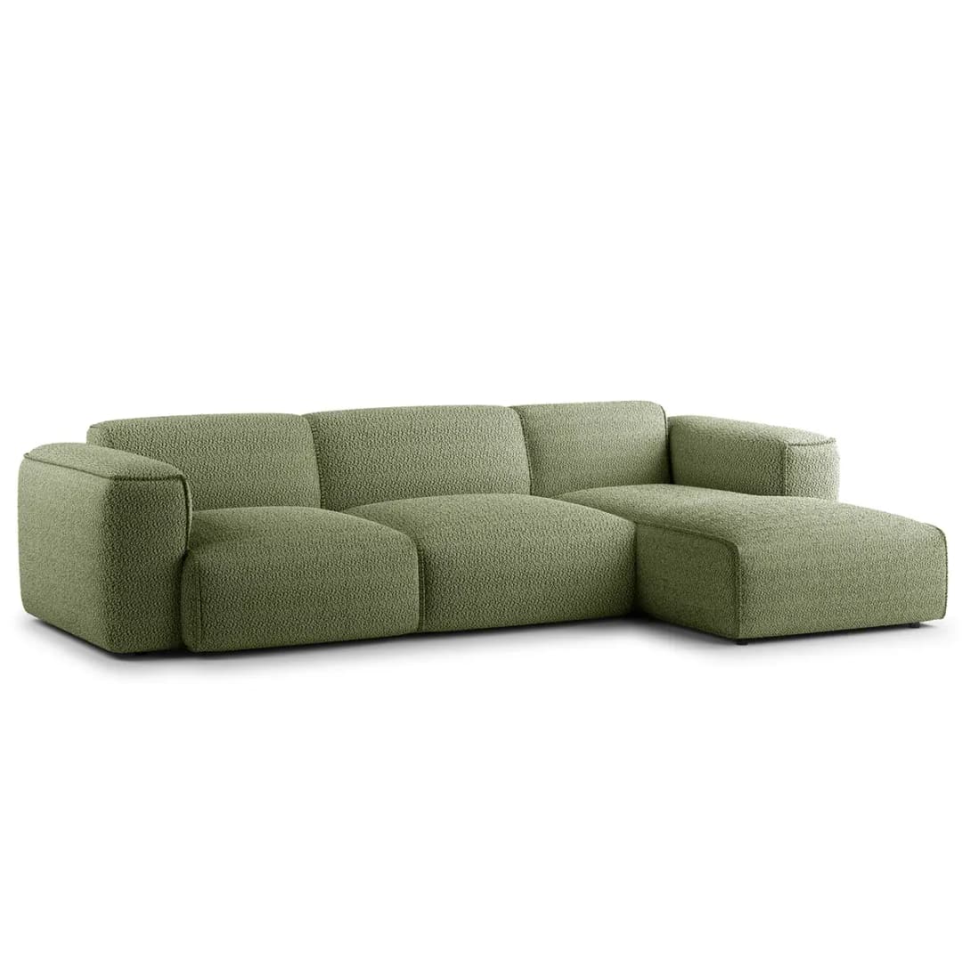 Ecksofa 3-Sitzer mit Longchair Grün/Moosgrün Teddy-Bouclé