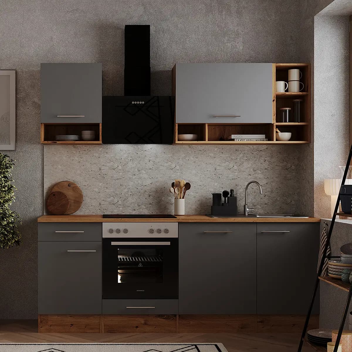 Küchenzeile 220cm Grau/Matt Grau | Grau
