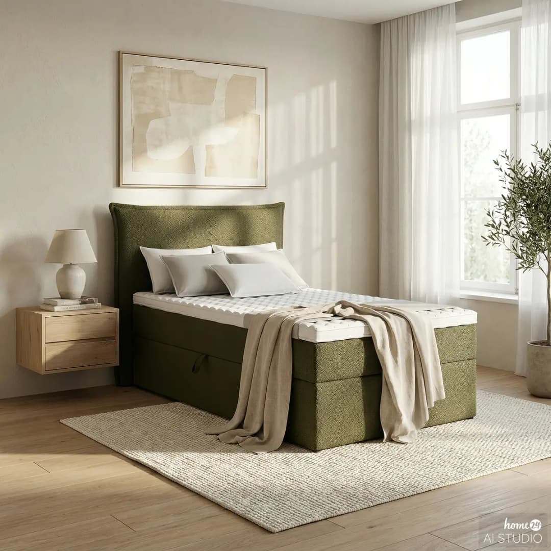 Mørteens Boxbett mit Stauraum 120 x 200cm Bouclé Stoff Leke | Grün