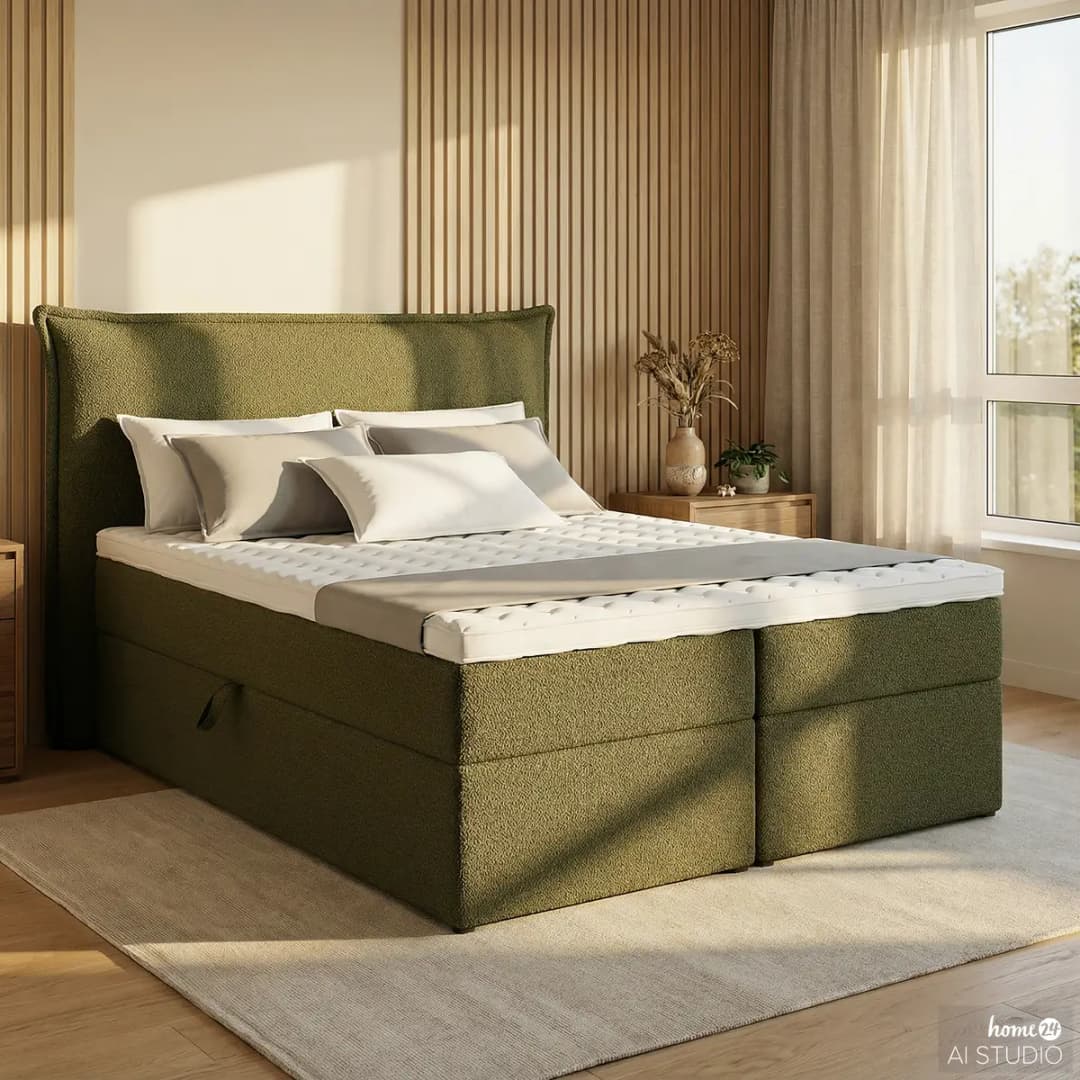 Mørteens Boxbett mit Stauraum 120 x 200cm Bouclé Stoff Leke | Grün