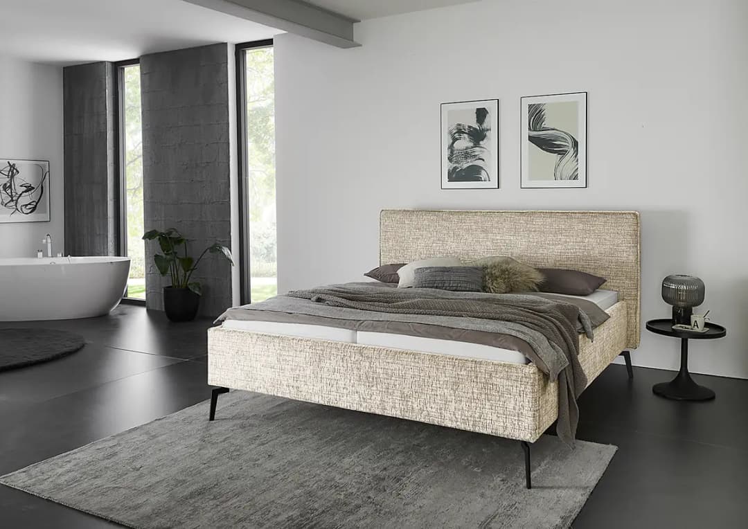 Polsterbett 160 x 200cm Flachgewebe Balkis Beige mit Kopfteil | Beige