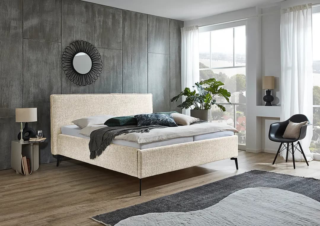Polsterbett 160 x 200cm Flachgewebe Balkis Beige mit Kopfteil | Beige