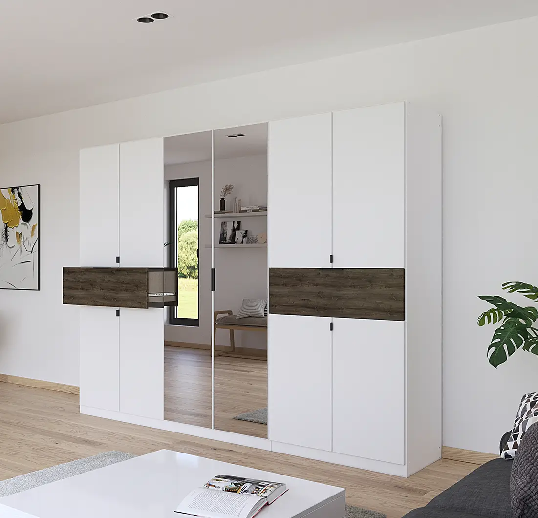 rauch Blue Drehtürenschrank Ticao mit Spiegel 271cm Weiß/Weiß/Eiche