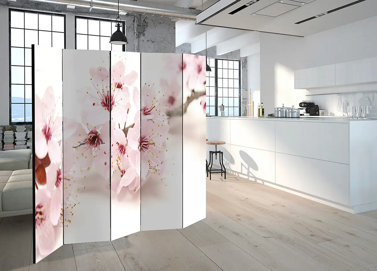 Paravent Cherry Blossom Akustik Vlies auf Kiefer Massiv | Pink