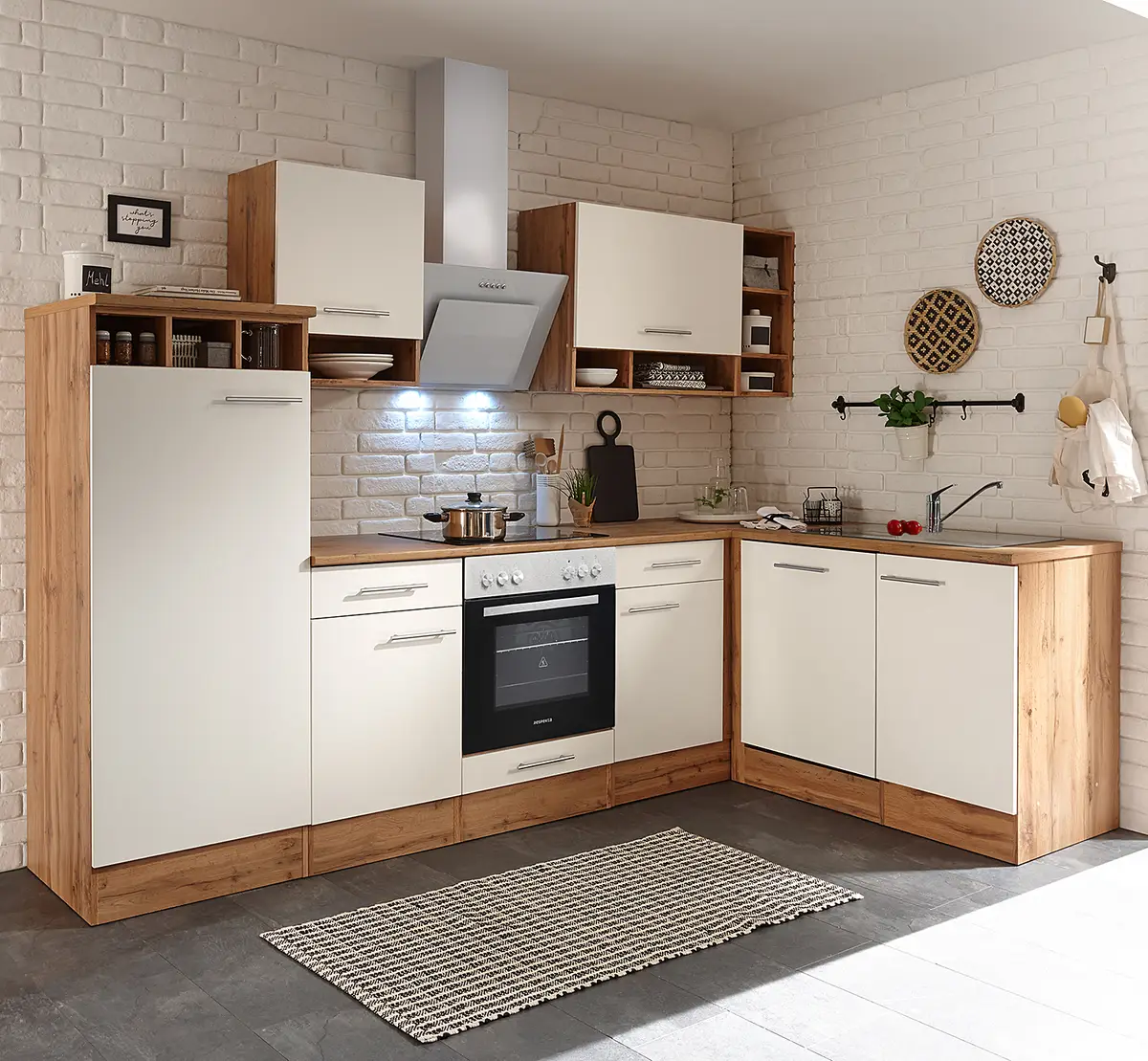 Eckküche Hilde 280cm Braun/Weiß/Weiß mit Elektrogeräten