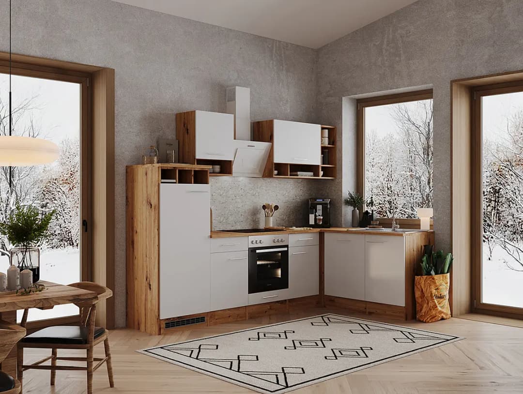 Eckküche Hilde 280cm Braun/Weiß/Weiß mit Elektrogeräten