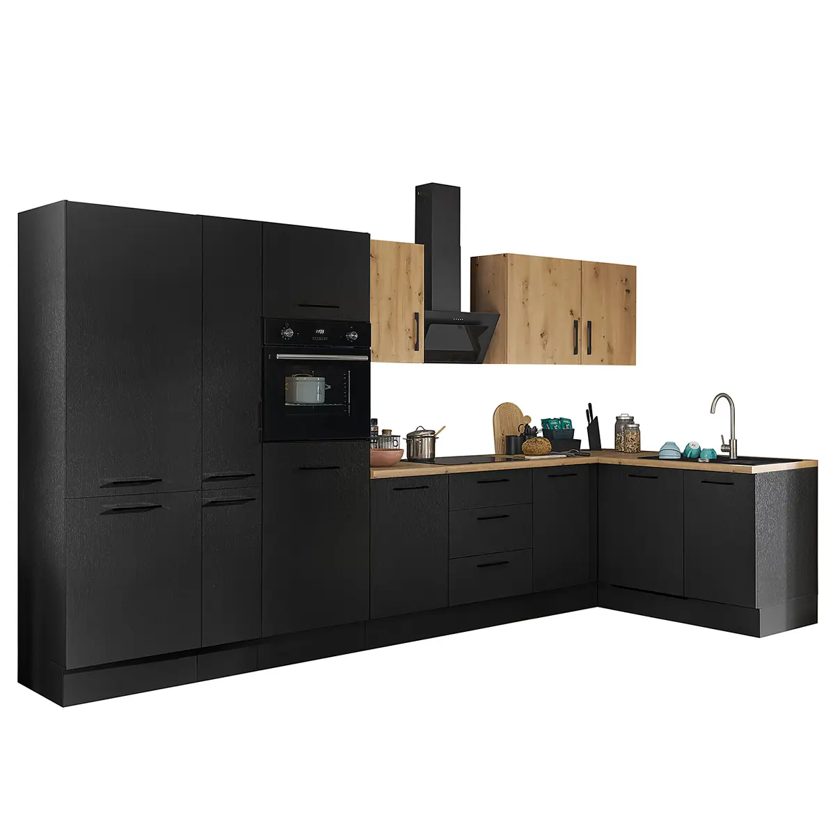 Eck-Küchenzeile Variante E 370cm Schwarz/Matt Schwarz | Schwarz