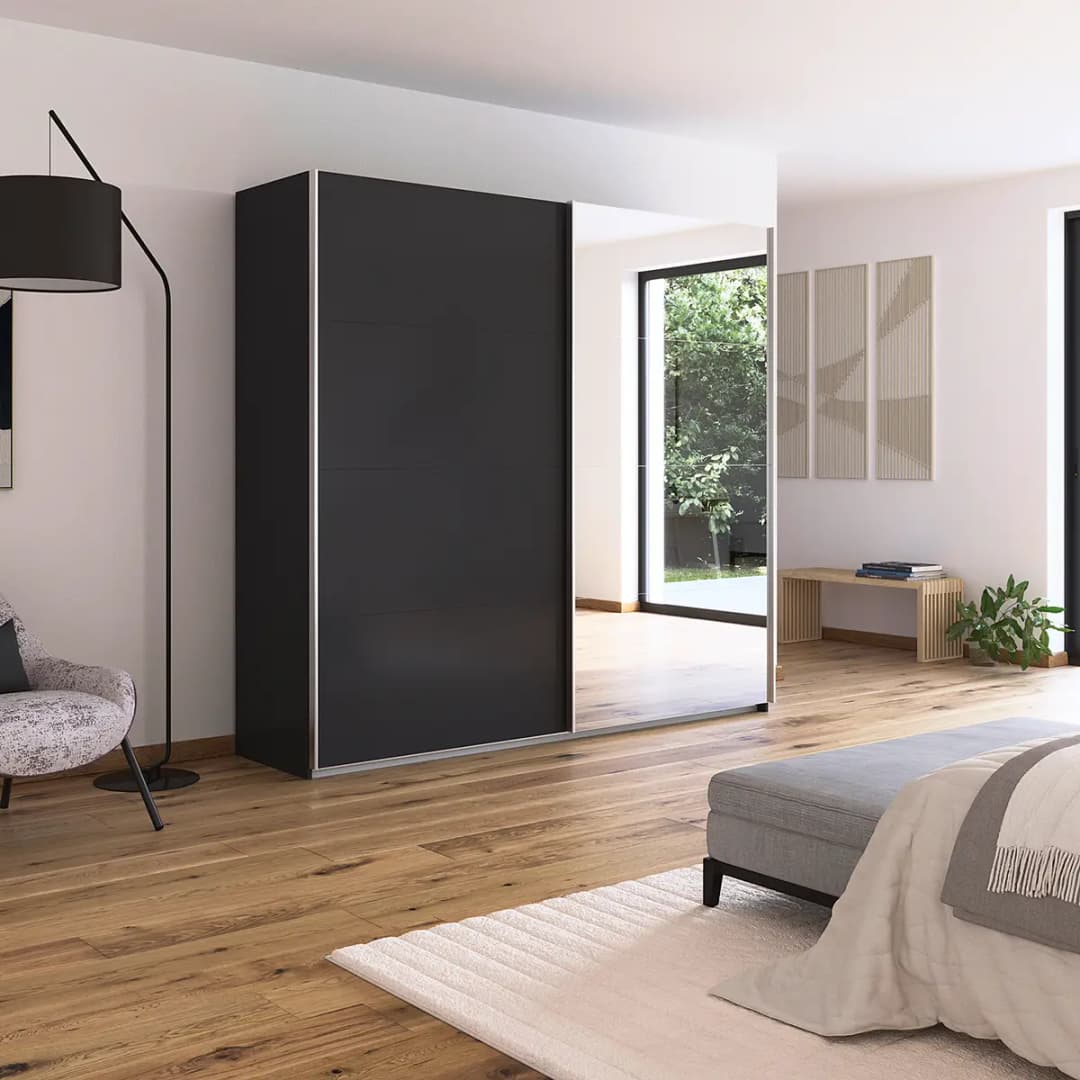 Schwebetürenschrank - Spiegel 226cm Grau/Graumetallic | Grau