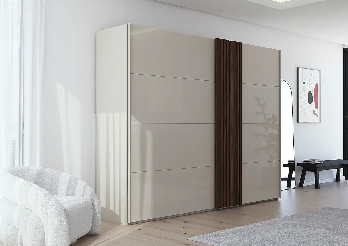 rauch Black Schwebetürenschrank Pero 281cm Beige/Champagner Nussbaum