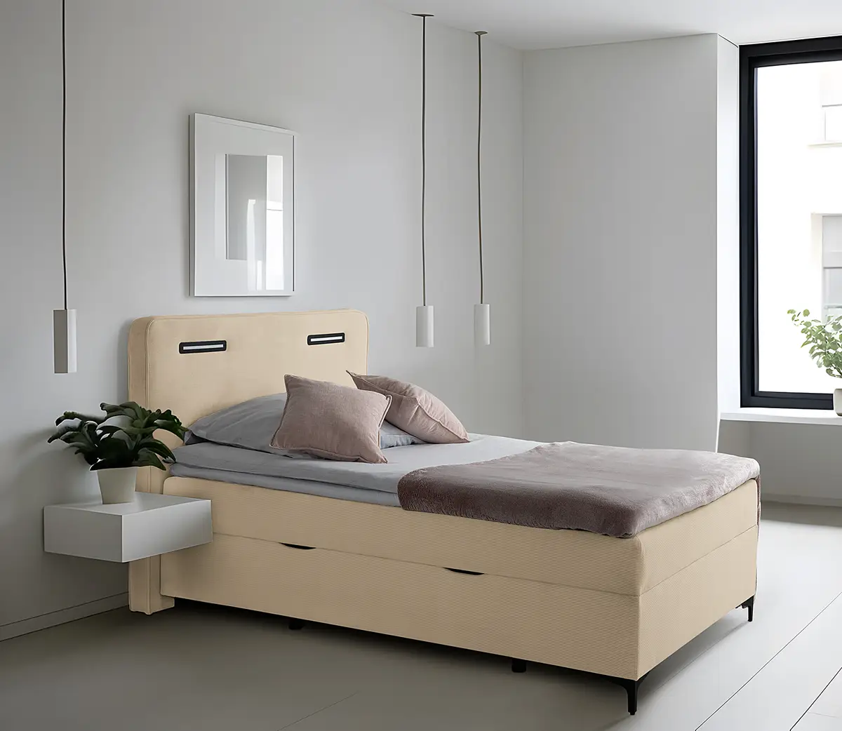 Beleuchtetes Boxbett Tewon 120 x 200cm Cordstoff Onika Beige | Beige