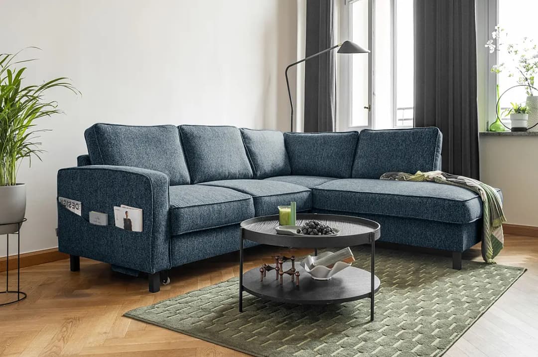Ecksofa Kuhni mit Ottomane Blau Strukturstoff Ethea | Blau