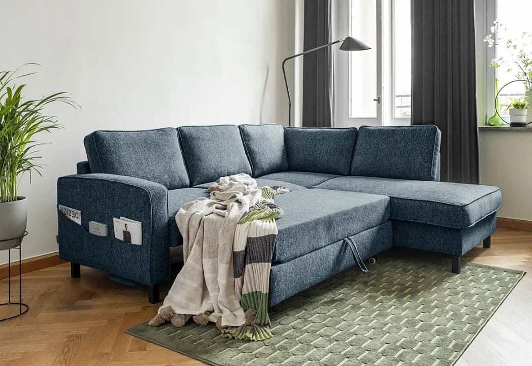 Ecksofa Kuhni mit Ottomane Blau Strukturstoff Ethea | Blau