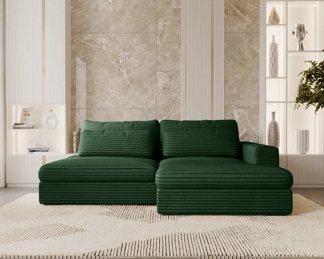 Ecksofa mit Schlaffunktion Grün Plüsch-Cordstoff Tila | Grün