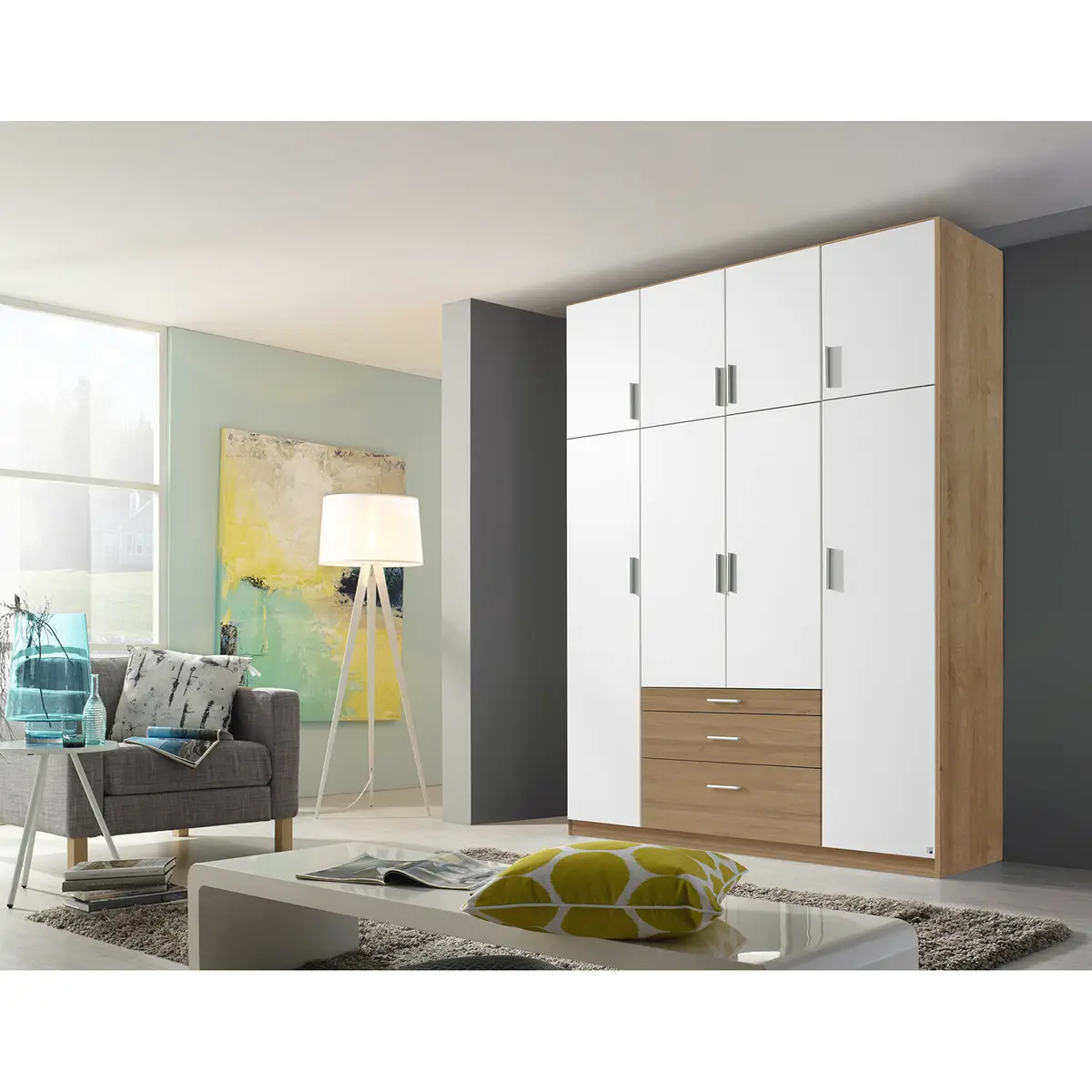 Drehtürenschrank 181cm Weiß/Alpinweiß/Eiche Sonoma Dekor ohne