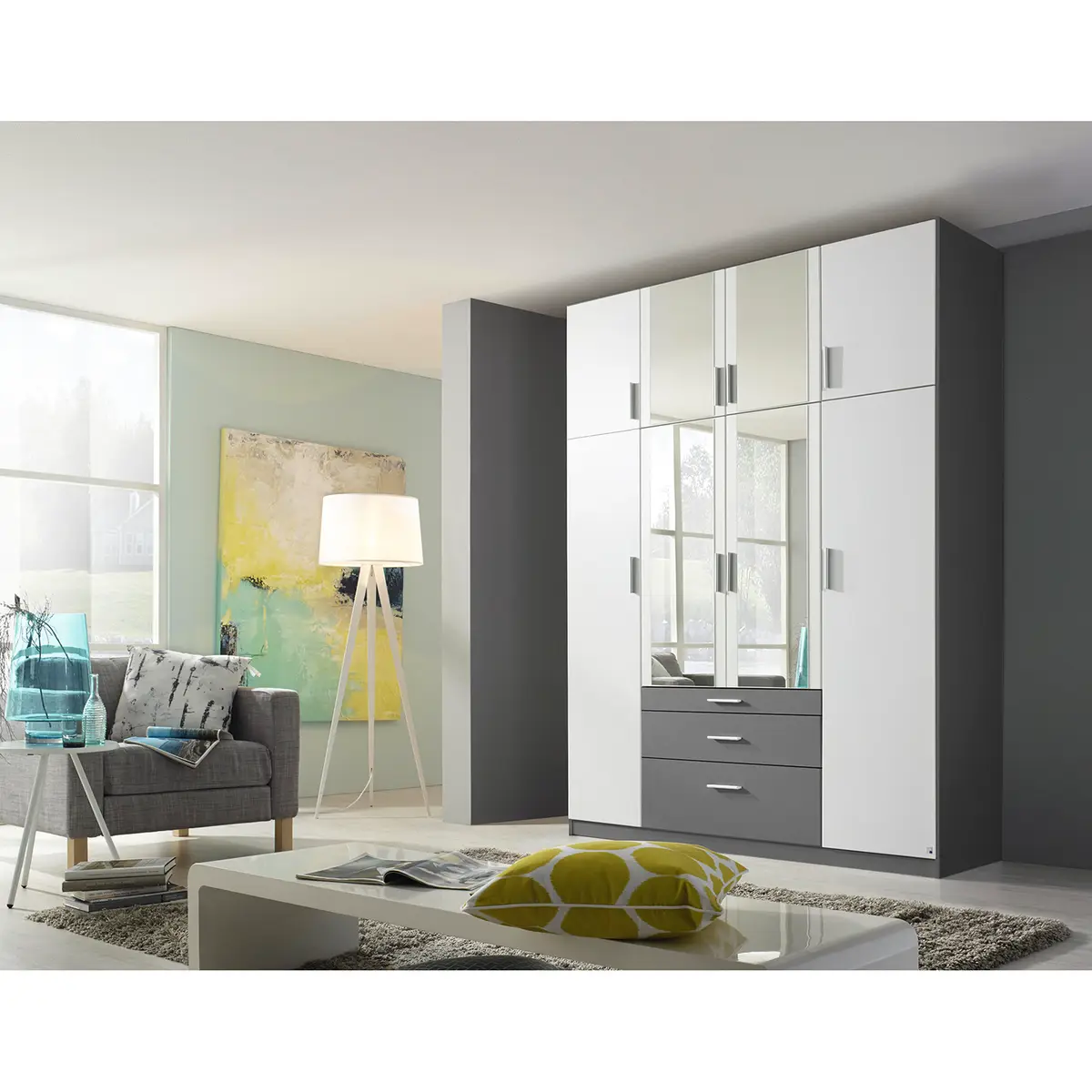 Drehtürenschrank 181cm Weiß/Alpinweiß/Graumetallic mit | Weiß
