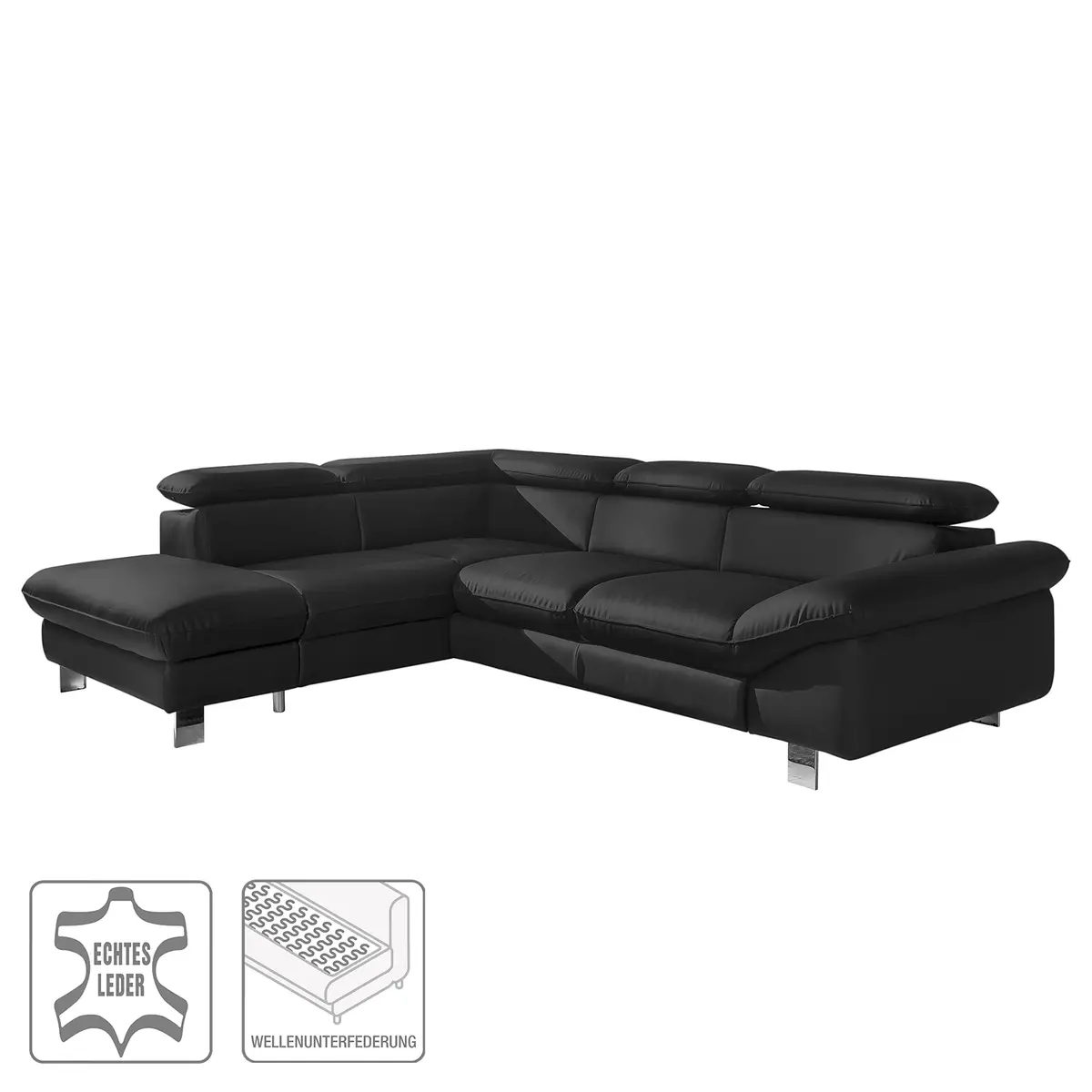 Ecksofa Echtleder mit Ottomane | Schwarz