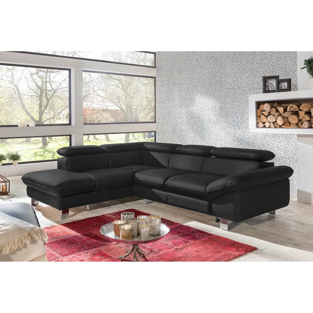 Ecksofa Echtleder mit Ottomane | Schwarz