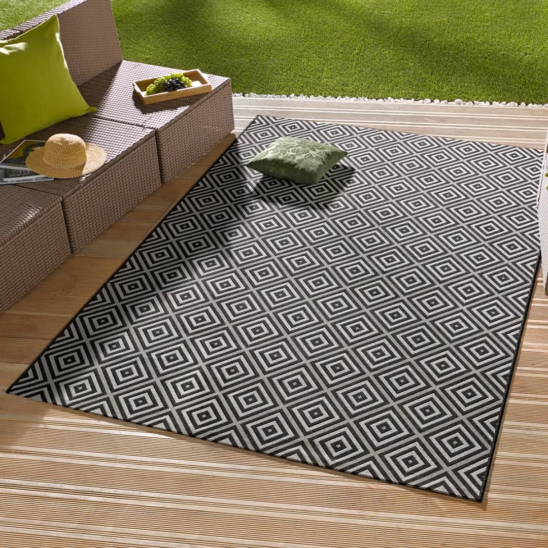 In-/Outdoor-Teppich Karo Grau/Beige/Anthrazit Webstoff 140 x