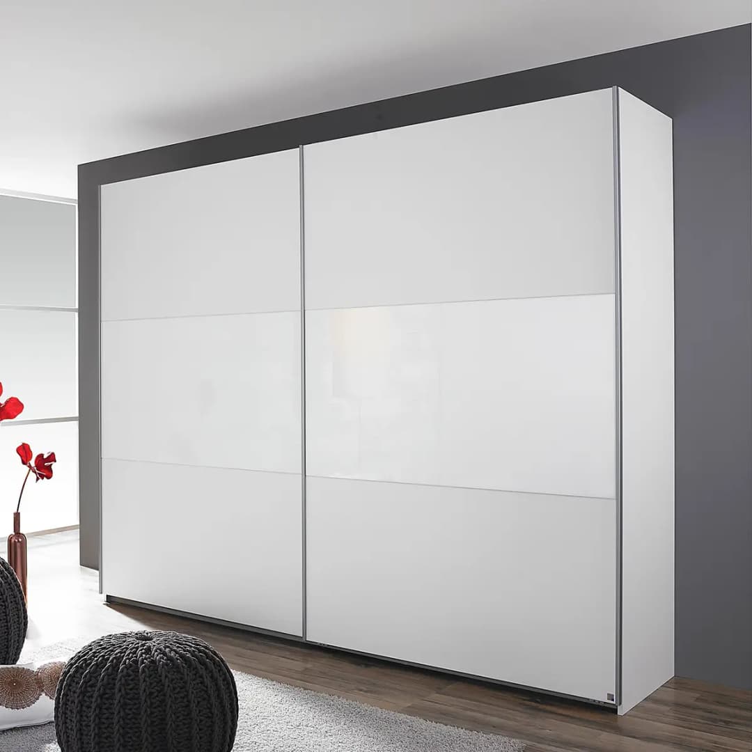 Schwebetürenschrank Loriga 261cm Weiß/Alpinweiß/Glas Weiß | Weiß