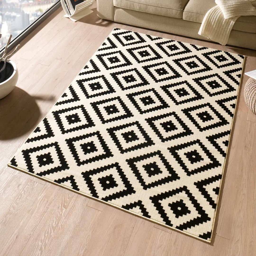 Teppich Raute Schwarz/Beige/Schwarz 80 x 200cm | Mehrfarbig