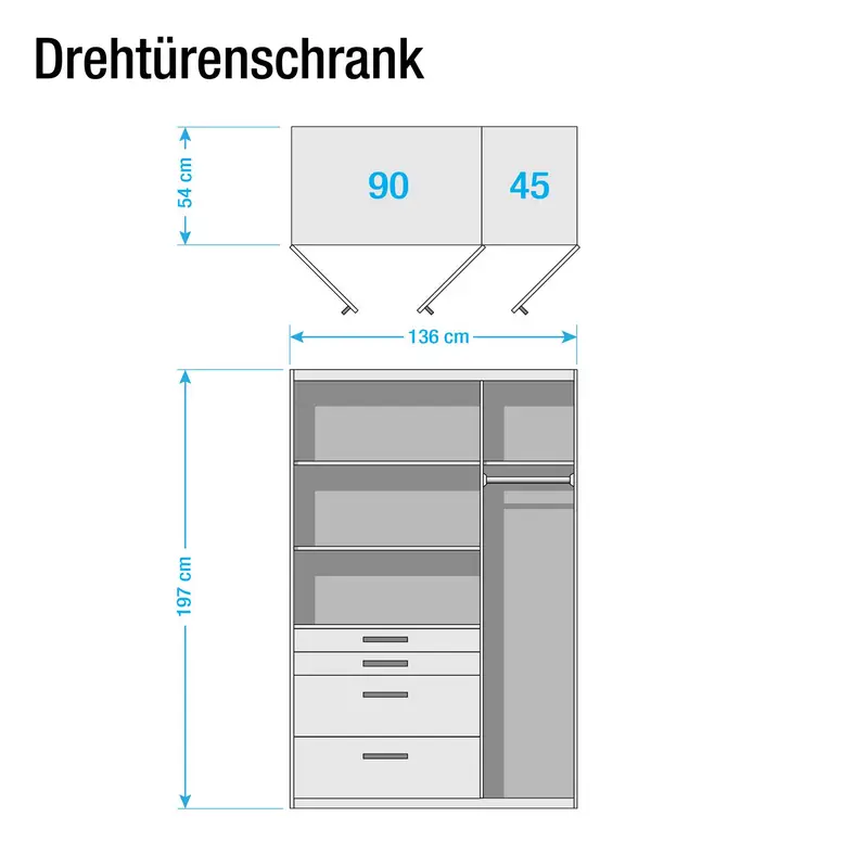 Drehtürenschrank Homburg II 136cm Weiß/Graumetallic mit | Weiß