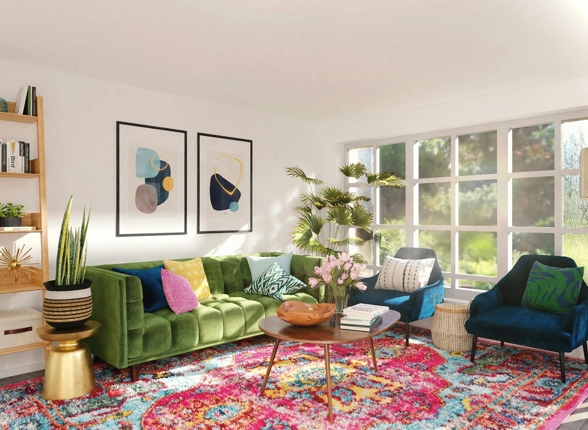 Modern eingerichtetes Wohnzimmer mit grüner Couch und Pflanzen